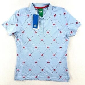 Adidas Originals Trefoil Print Golf Polo Womens Size L Sky Blue Red JM8264 NWT